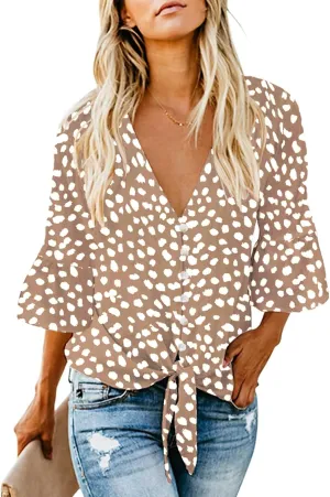 Kancystore Womens Button Down V Neck Tie Knot Front Tops 3/4 Sleeve Chiffon Casual Blouse Shirts