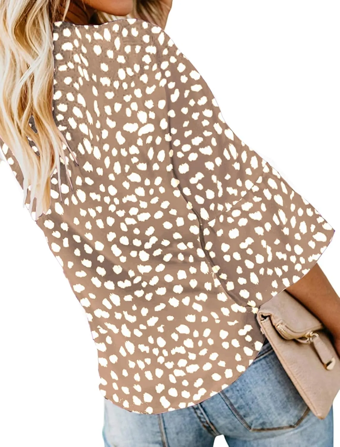 Kancystore Womens Button Down V Neck Tie Knot Front Tops 3/4 Sleeve Chiffon Casual Blouse Shirts