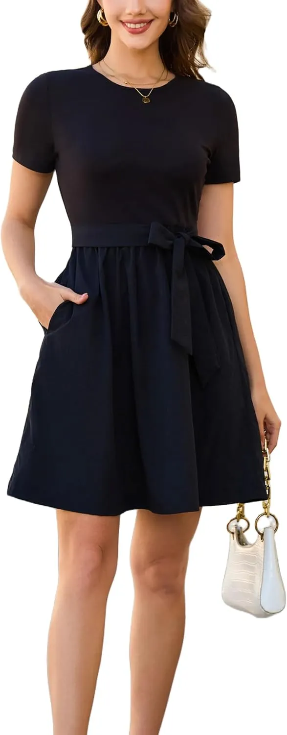 Kormei Women Summer Casual Boho Floral Round Neck Short Sleeve Smocked Waist Tiered Flowy Swing Midi Dress