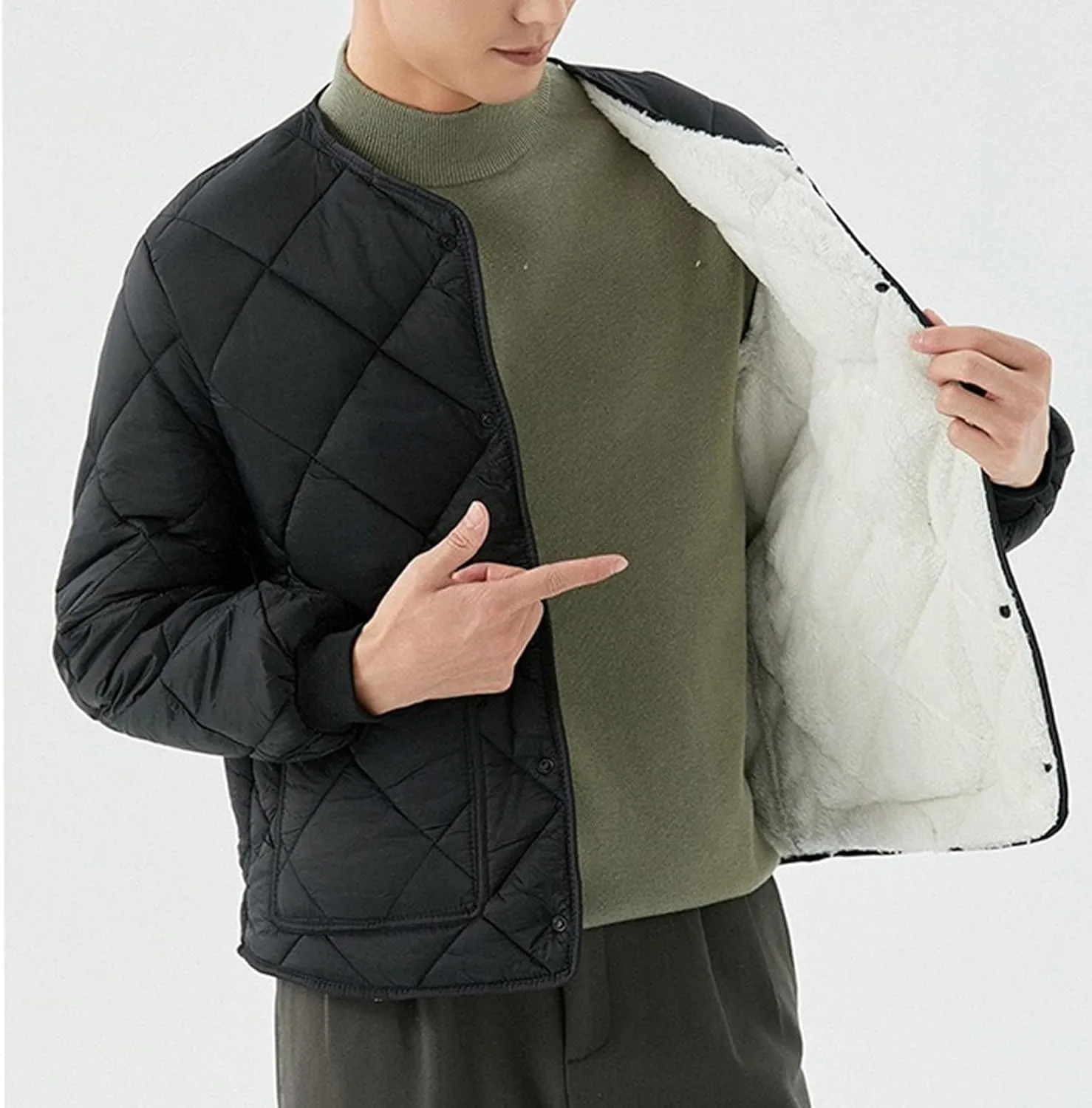 Men's Fleece Lined Quilted Jacket Long Sleeve Buttons Warm Padded Coats Windproof Winter Down Outwear with Pockets