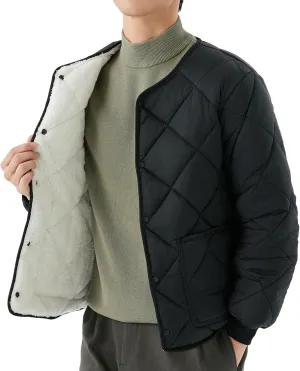 Men's Fleece Lined Quilted Jacket Long Sleeve Buttons Warm Padded Coats Windproof Winter Down Outwear with Pockets