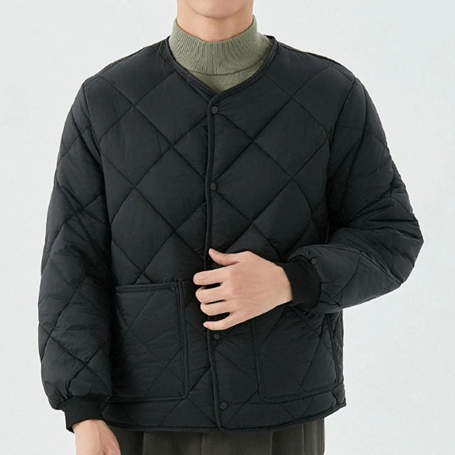 Men's Fleece Lined Quilted Jacket Long Sleeve Buttons Warm Padded Coats Windproof Winter Down Outwear with Pockets