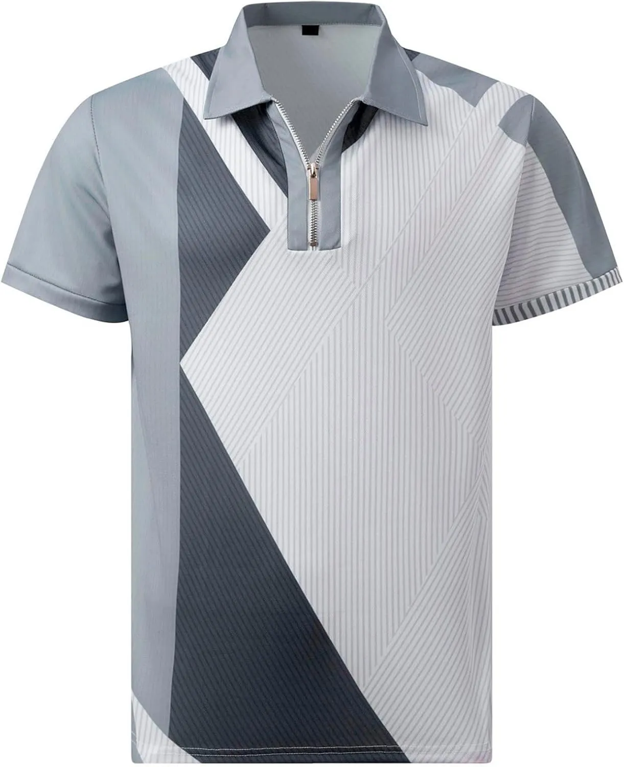 Men's Short Sleeve Polo Shirts Casual Zipper Collar T Shirt Contrast Color Patchwork Summer Golf Tops