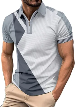 Men's Short Sleeve Polo Shirts Casual Zipper Collar T Shirt Contrast Color Patchwork Summer Golf Tops