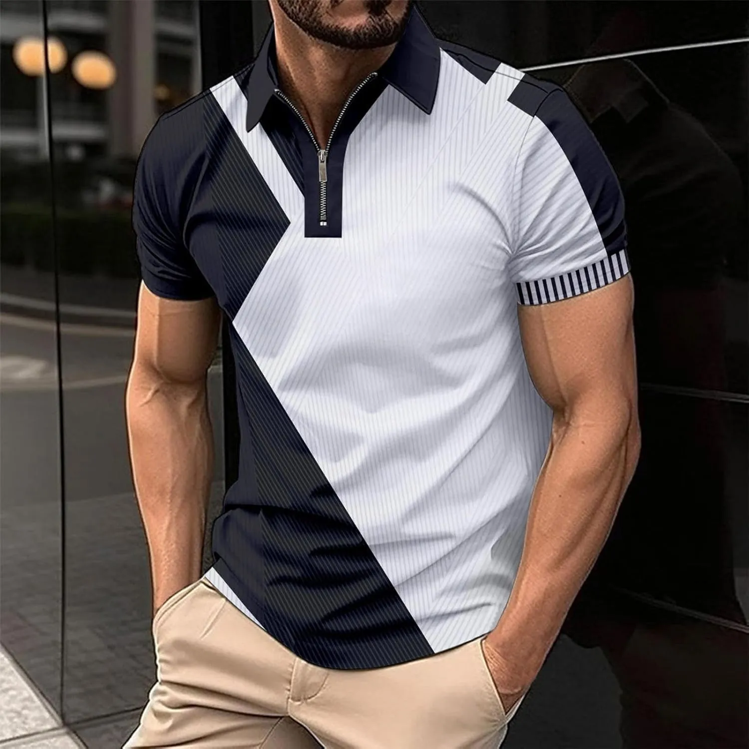 Men's Short Sleeve Polo Shirts Casual Zipper Collar T Shirt Contrast Color Patchwork Summer Golf Tops