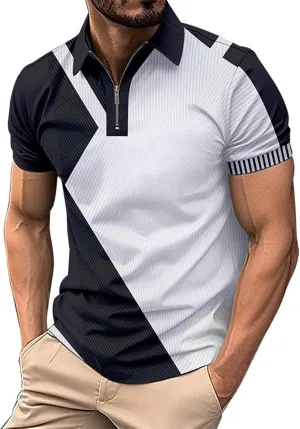 Men's Short Sleeve Polo Shirts Casual Zipper Collar T Shirt Contrast Color Patchwork Summer Golf Tops