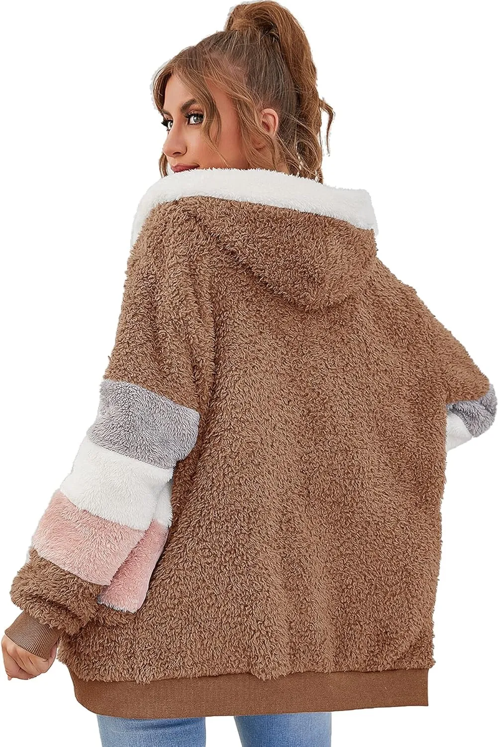 Micoson Women Fashion Color Block Faux Shearling Coat Warm Hooded Zip Up Fuzzy Winter Jacket with Pockets