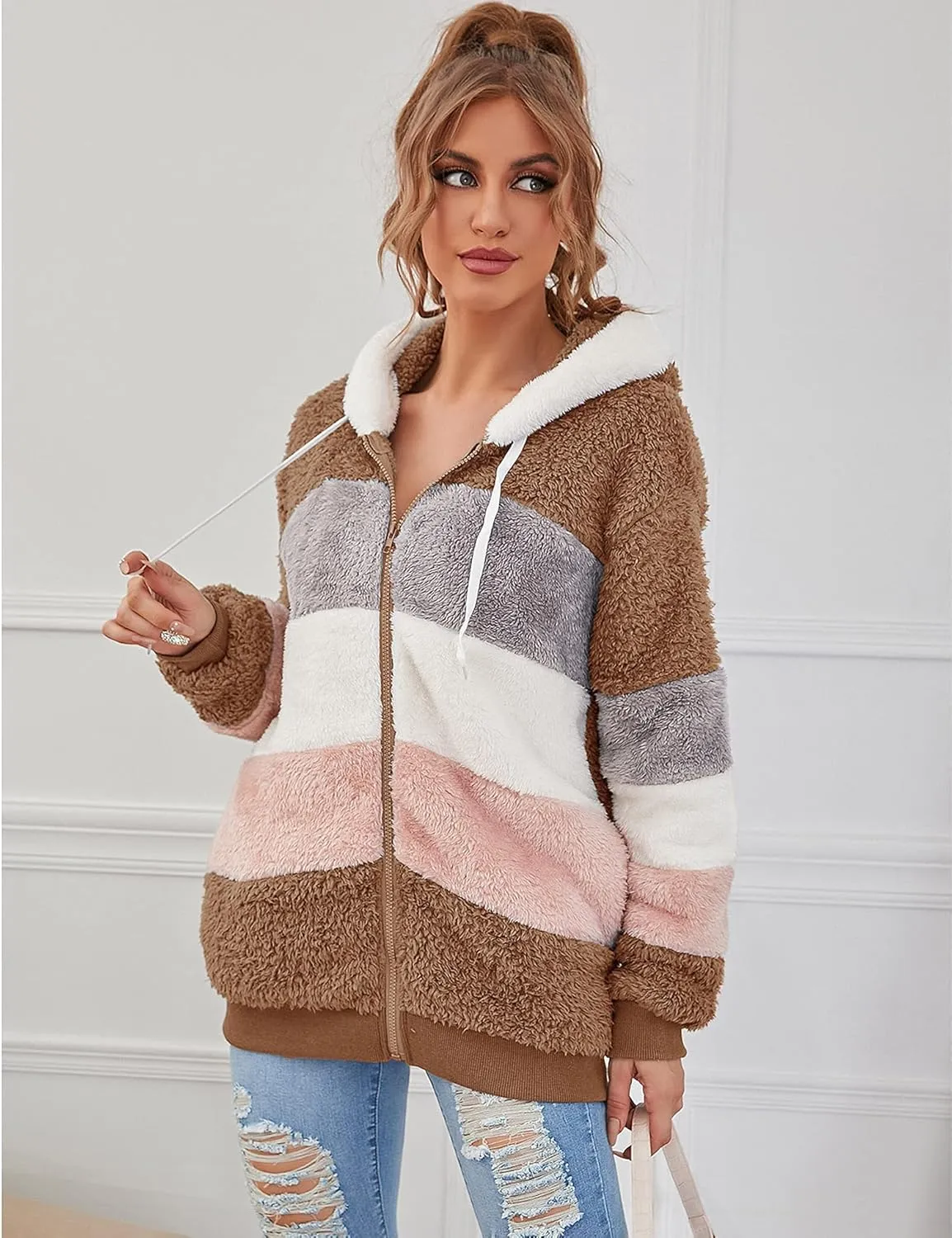 Micoson Women Fashion Color Block Faux Shearling Coat Warm Hooded Zip Up Fuzzy Winter Jacket with Pockets