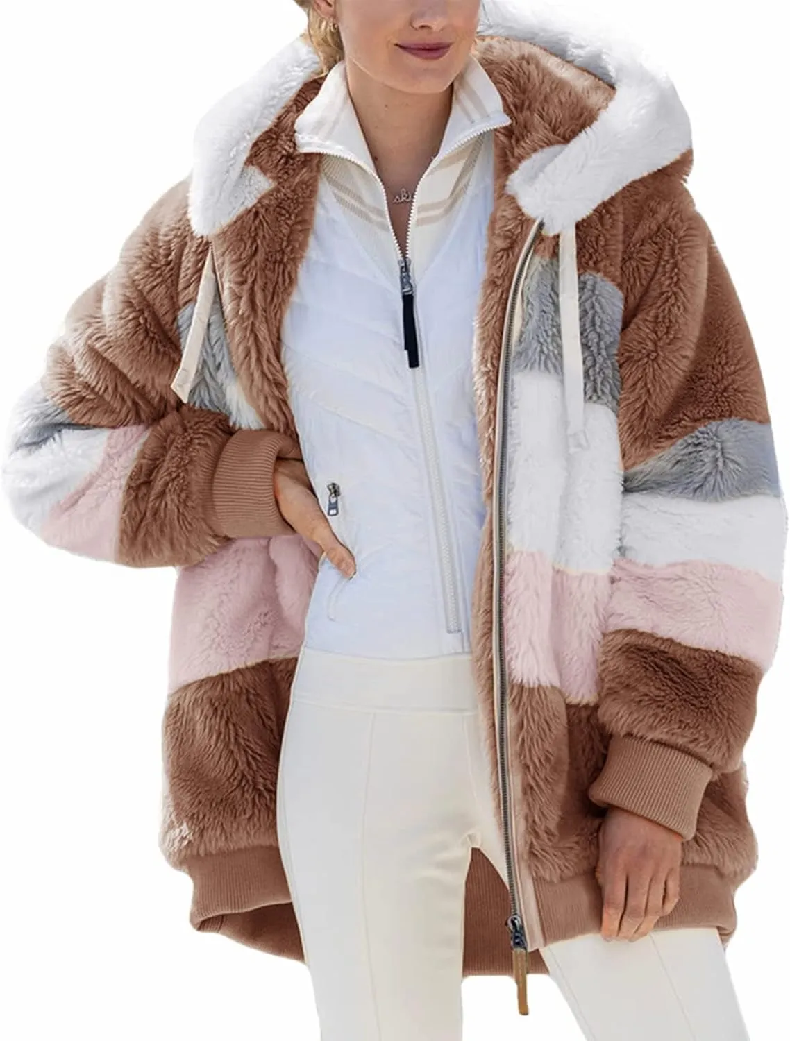 Micoson Women Fashion Color Block Faux Shearling Coat Warm Hooded Zip Up Fuzzy Winter Jacket with Pockets