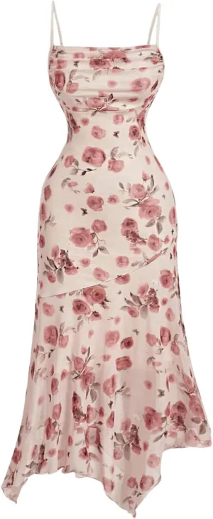 Milumia Women's Floral Print Ruched Spaghetti Straps Dress Asymmetrical Hem Cami Midi Dresses