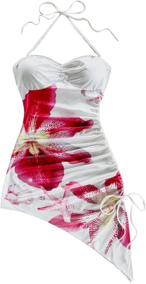 Milumia Women's Floral Tie Backless Halter Mini Dress Boho Drawstring Asymmetrical Hem Dresses