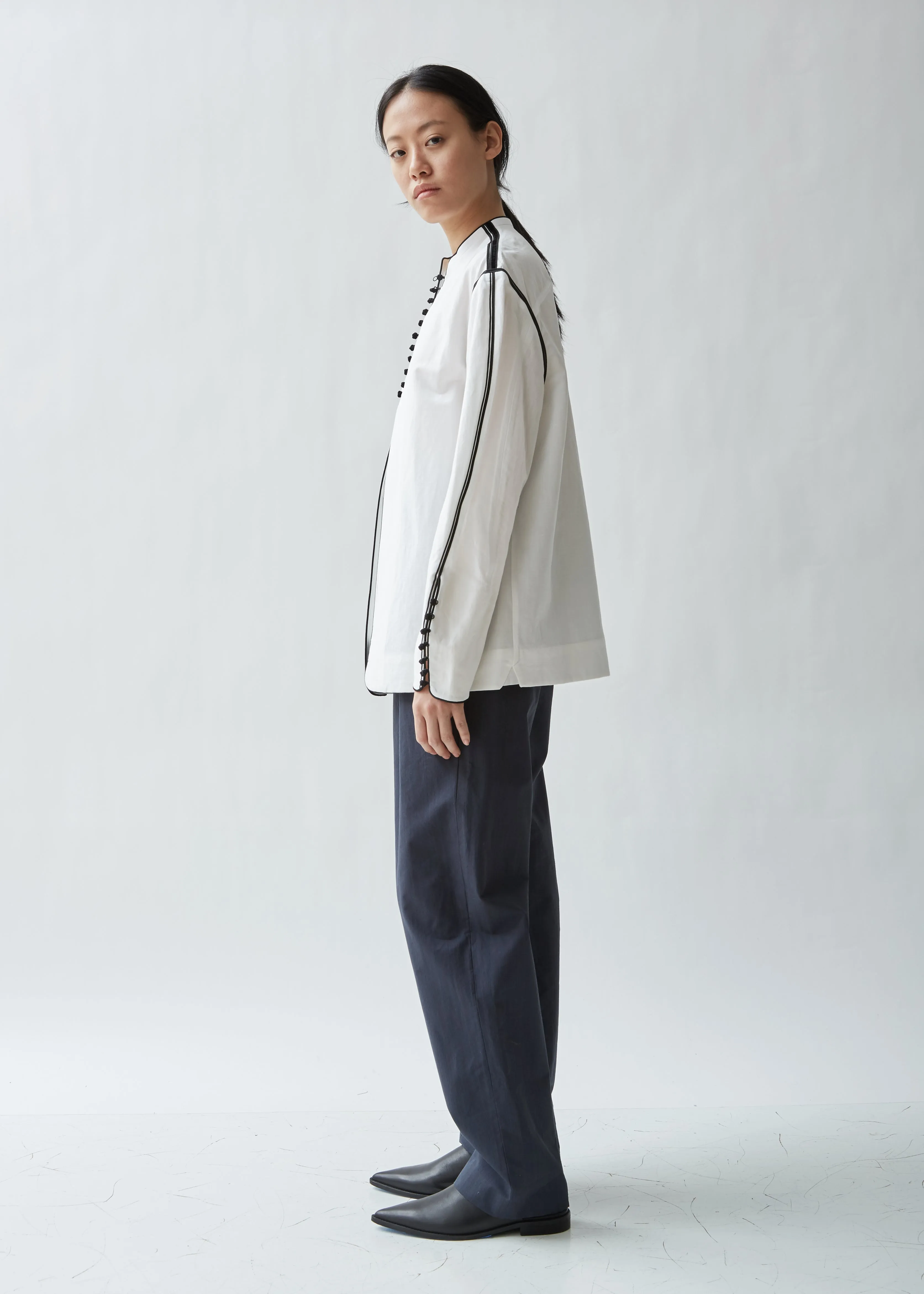 Piped Cotton Linen Blouse