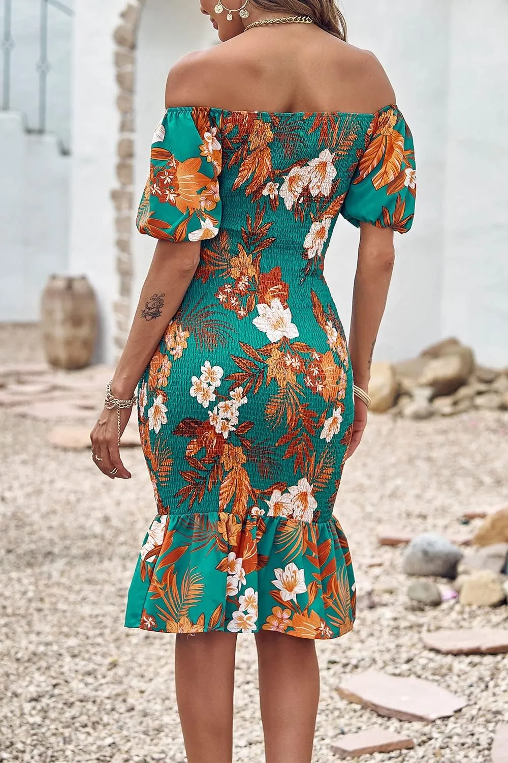 PRETTYGARDEN Bodycon Midi Dresses 2025 Summer Floral Puff Sleeve Mermaid Cocktail Baby Shower Photoshoot Maternity Dress