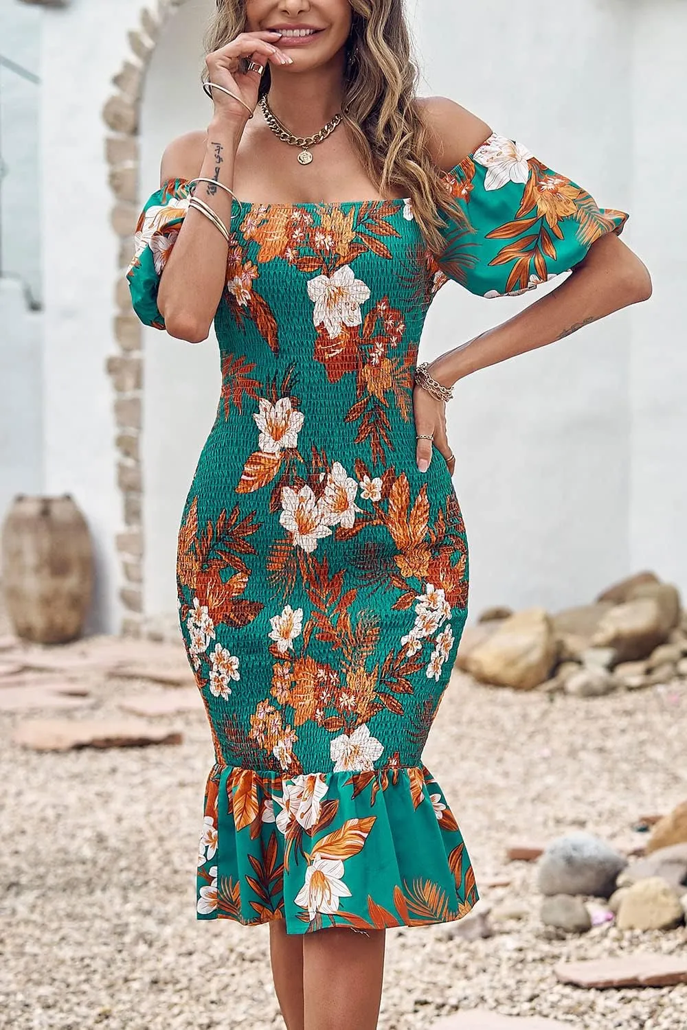 PRETTYGARDEN Bodycon Midi Dresses 2025 Summer Floral Puff Sleeve Mermaid Cocktail Baby Shower Photoshoot Maternity Dress