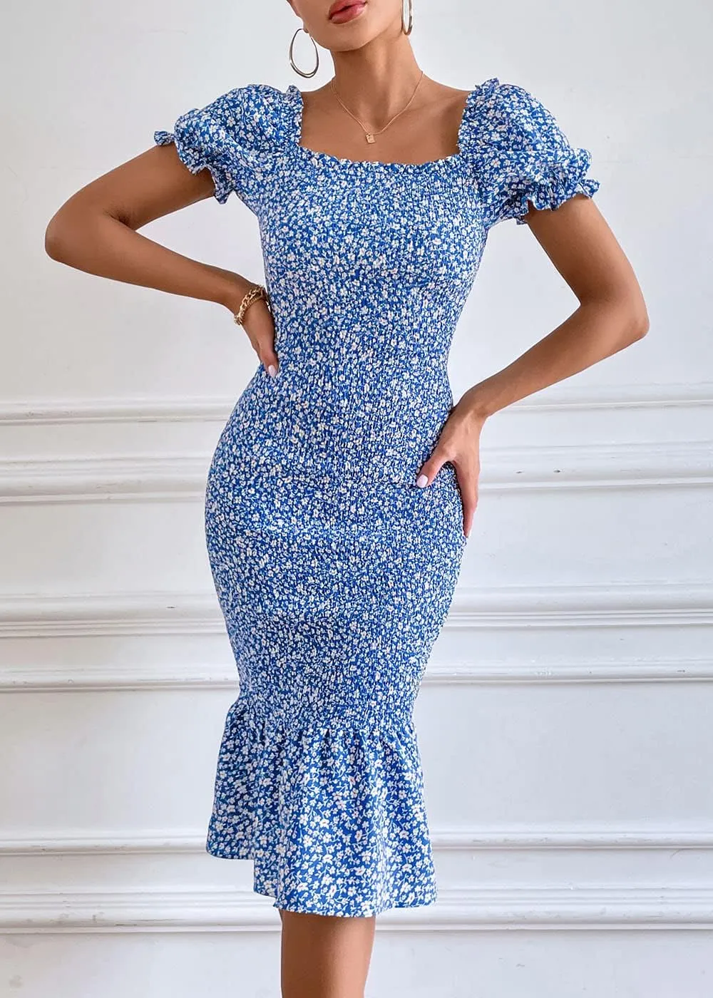 PRETTYGARDEN Bodycon Midi Dresses 2025 Summer Floral Puff Sleeve Mermaid Cocktail Baby Shower Photoshoot Maternity Dress