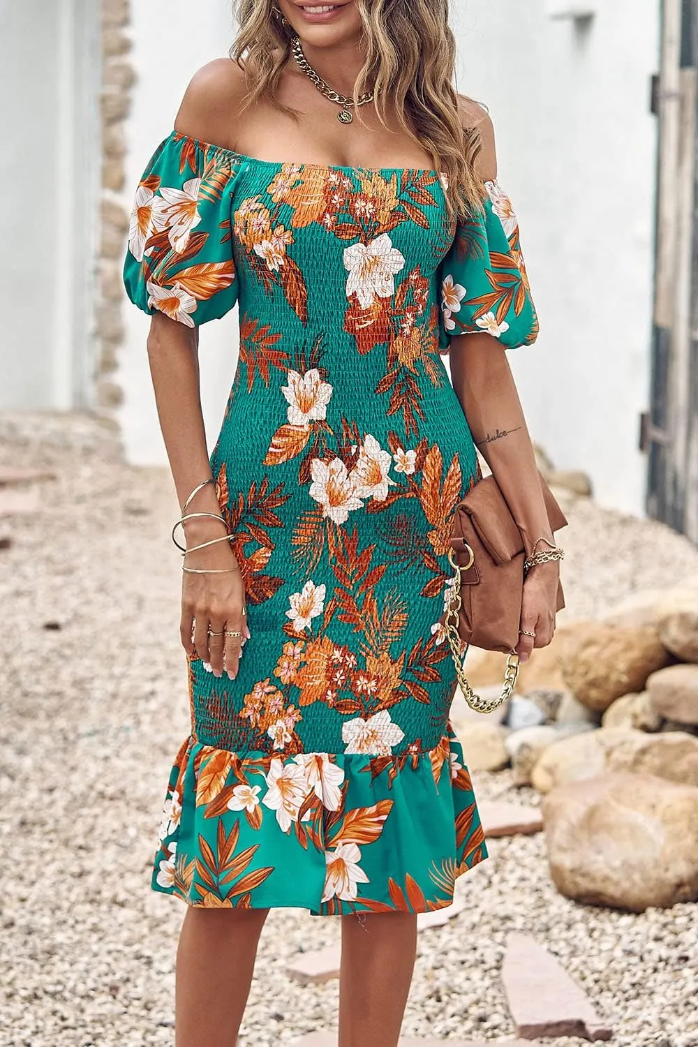 PRETTYGARDEN Bodycon Midi Dresses 2025 Summer Floral Puff Sleeve Mermaid Cocktail Baby Shower Photoshoot Maternity Dress