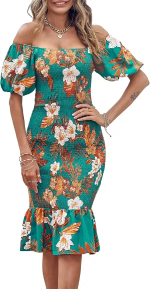 PRETTYGARDEN Bodycon Midi Dresses 2025 Summer Floral Puff Sleeve Mermaid Cocktail Baby Shower Photoshoot Maternity Dress