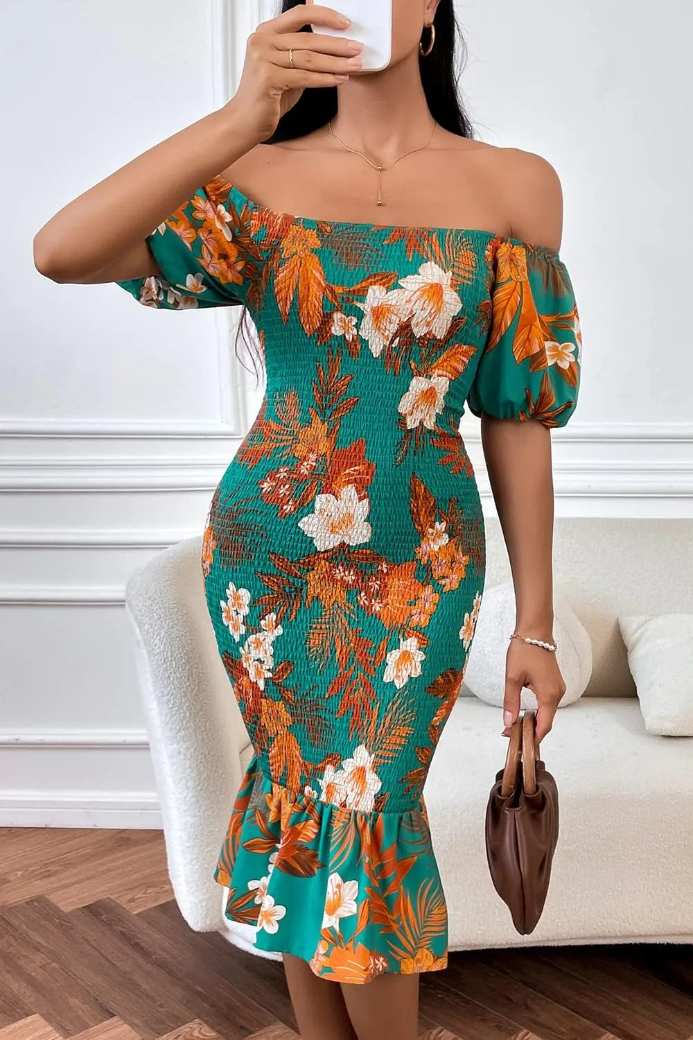 PRETTYGARDEN Bodycon Midi Dresses 2025 Summer Floral Puff Sleeve Mermaid Cocktail Baby Shower Photoshoot Maternity Dress