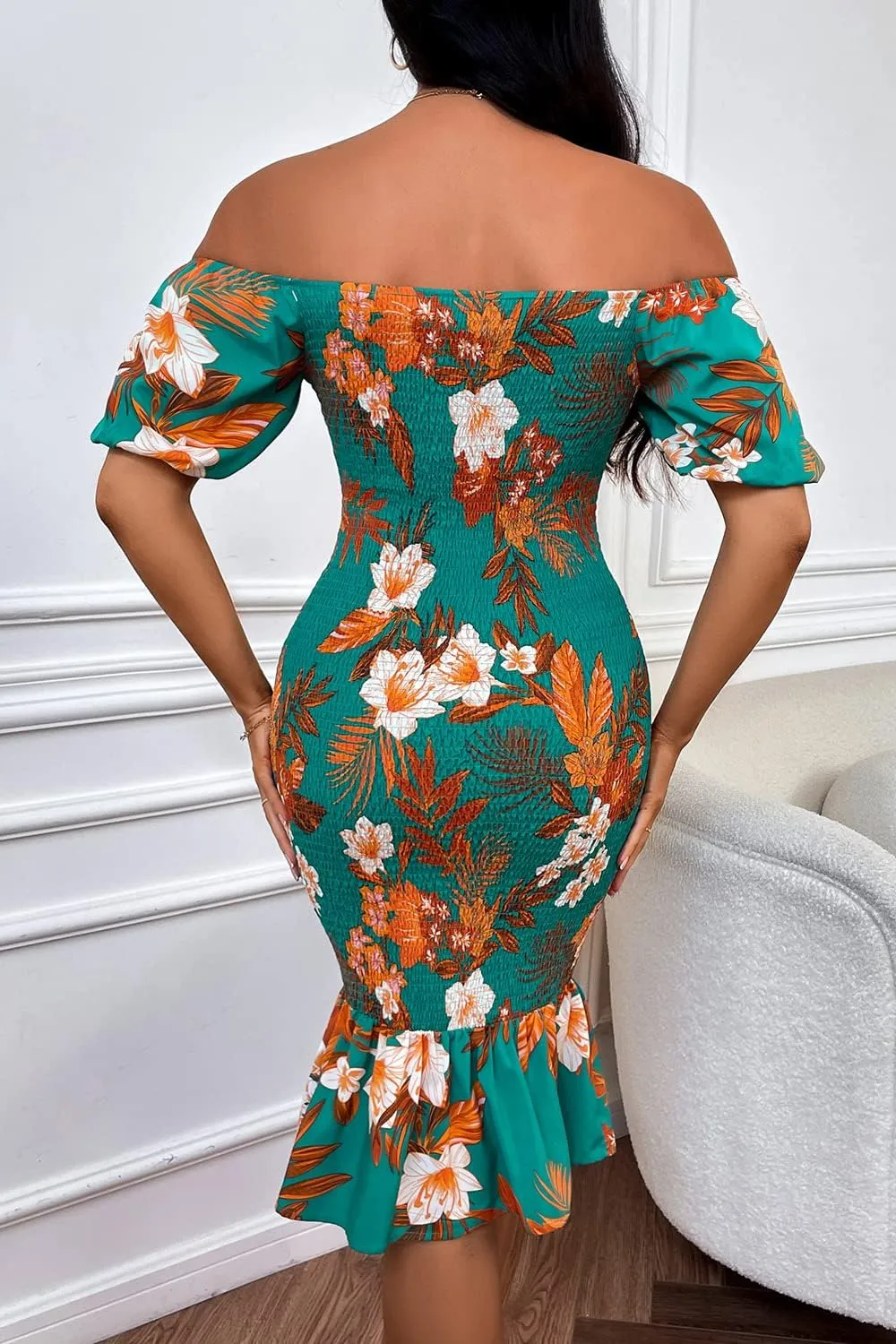PRETTYGARDEN Bodycon Midi Dresses 2025 Summer Floral Puff Sleeve Mermaid Cocktail Baby Shower Photoshoot Maternity Dress