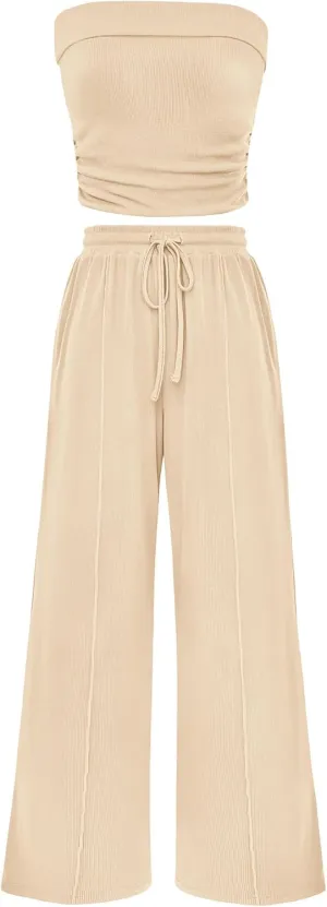 PRETTYGARDEN Womens Summer Outfits 2 Piece Sets Casual Ribbed Knit Crop Tube Top Wide Leg Pants Spring Matching Lounge Set
