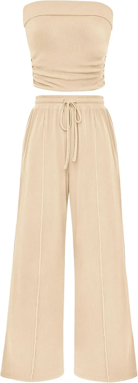 PRETTYGARDEN Womens Summer Outfits 2 Piece Sets Casual Ribbed Knit Crop Tube Top Wide Leg Pants Spring Matching Lounge Set