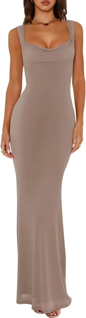 REORIA Women's Summer Cowl Neck Mesh Sleeveless Tank Dress Sexy Double Lined Bodycon Maxi Long Dresses