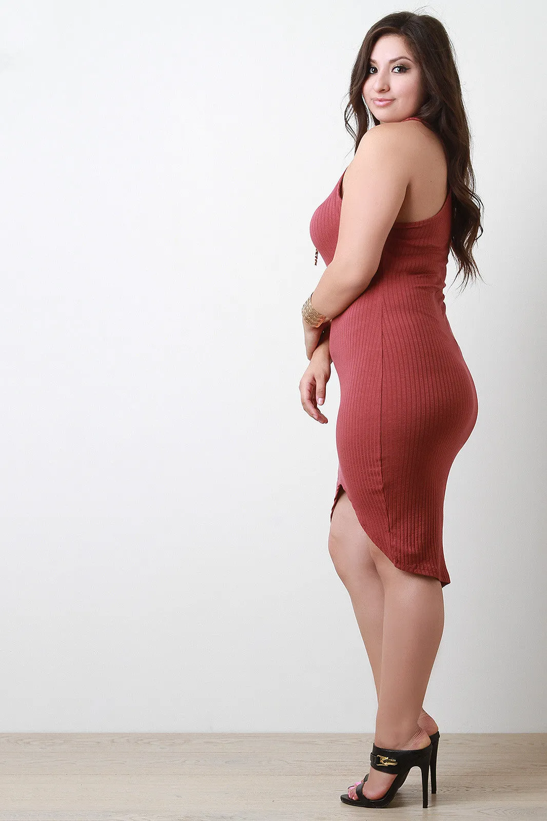 Ribbed Sleeveless Sharkbite Asymmetrical Dress