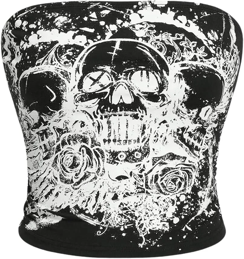 SOLY HUX Women's Y2k Goth Tube Crop Top Skull Print Strapless Sleeveless Bandeau Tops