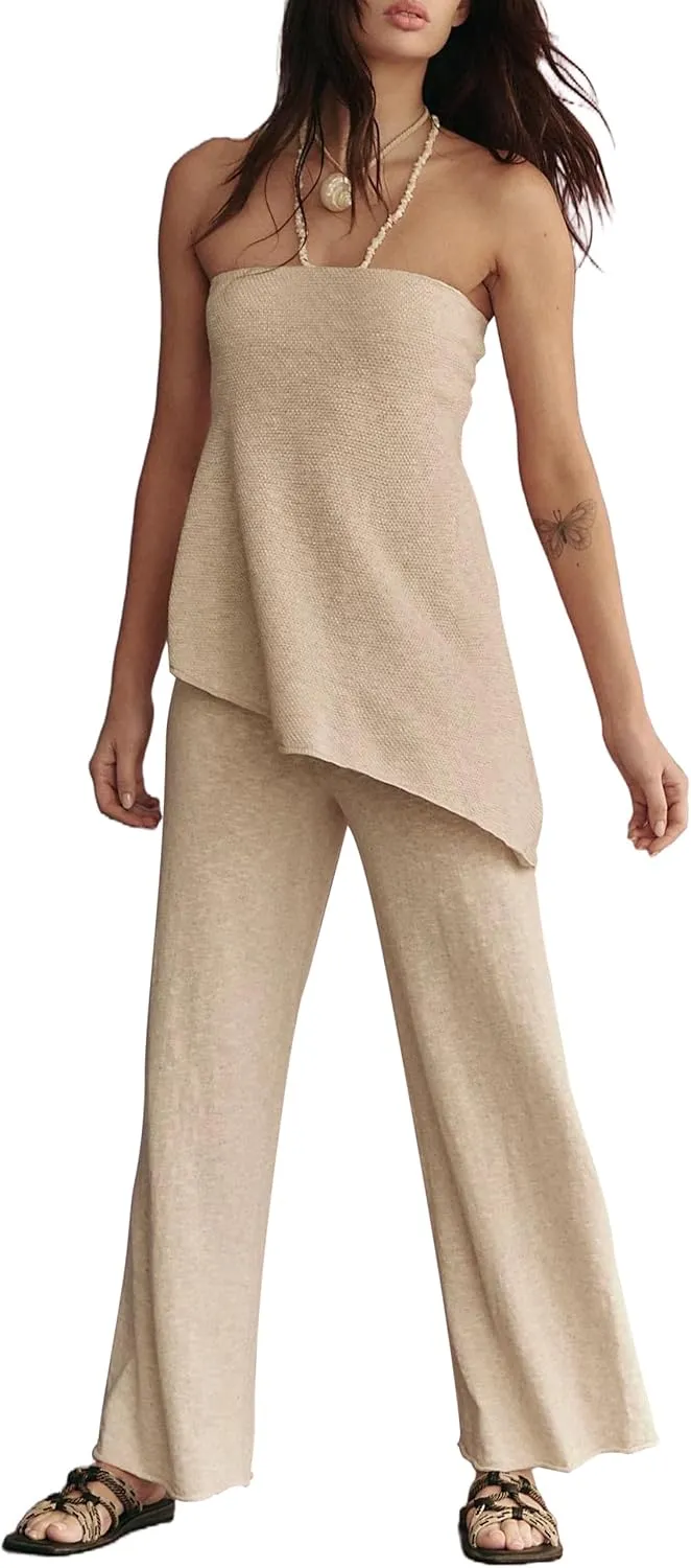 Summer Knit Sweater Sets for Women 2 Piece Vacation Outfits Strapless Tube Top and Pants Sets Matching Lounge Set