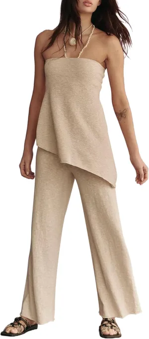 Summer Knit Sweater Sets for Women 2 Piece Vacation Outfits Strapless Tube Top and Pants Sets Matching Lounge Set