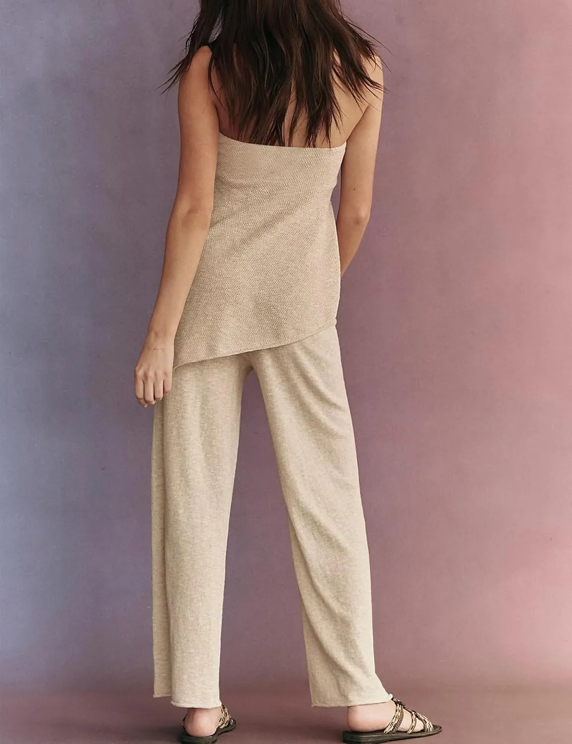 Summer Knit Sweater Sets for Women 2 Piece Vacation Outfits Strapless Tube Top and Pants Sets Matching Lounge Set