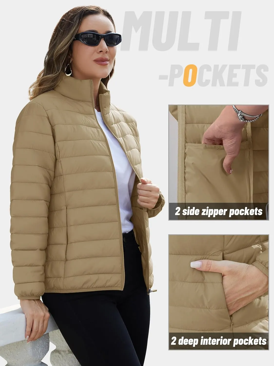 TACVASEN Womens Puffer Jacket Quilted Lightweight Stand Collar Zip Up Alternative Down Coat Warm Winter with 4 Pockets