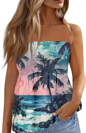 Tube Tops for Women Smocked Strapless Bandeau Tank Tops Sleeveless Hawaiian Print Bandeau Tunics Backless Shirt