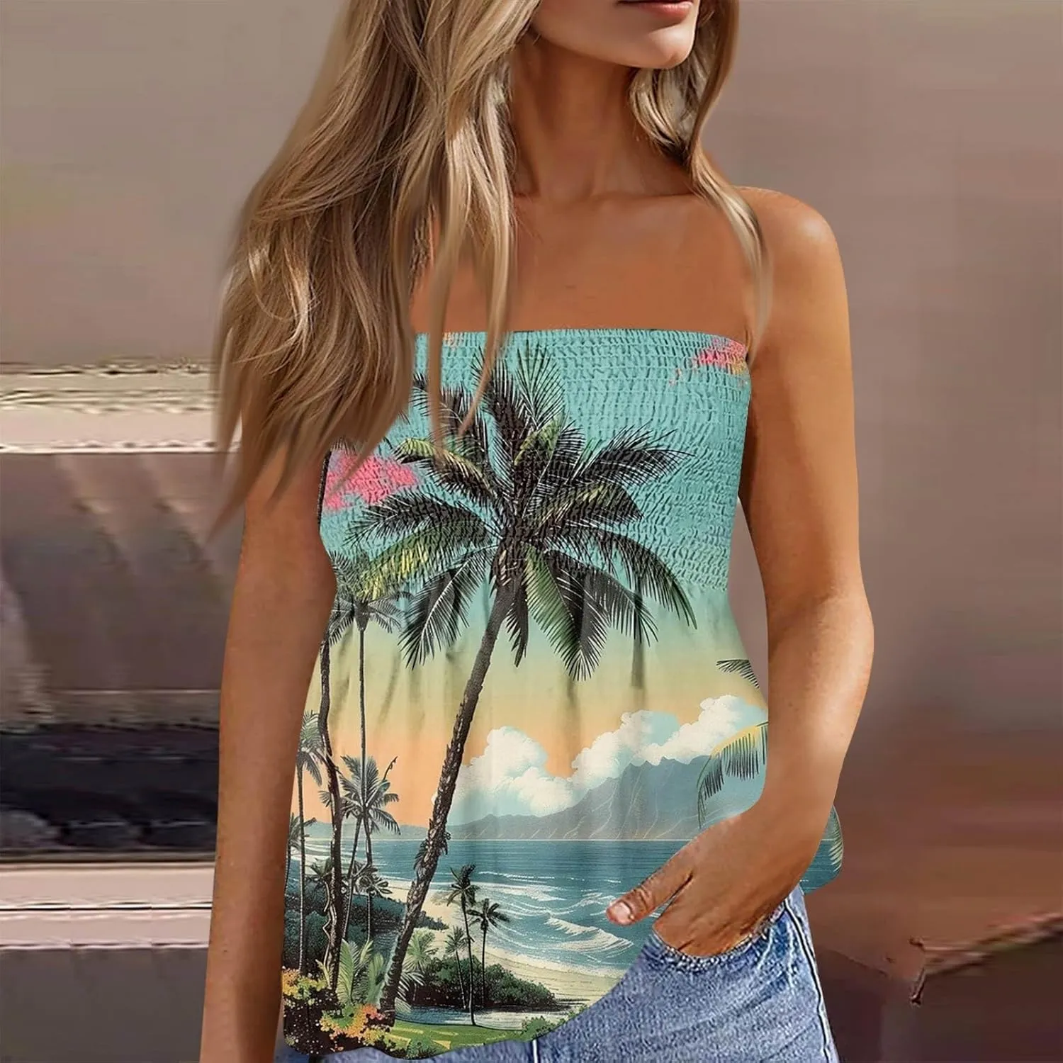 Tube Tops for Women Smocked Strapless Bandeau Tank Tops Sleeveless Hawaiian Print Bandeau Tunics Backless Shirt