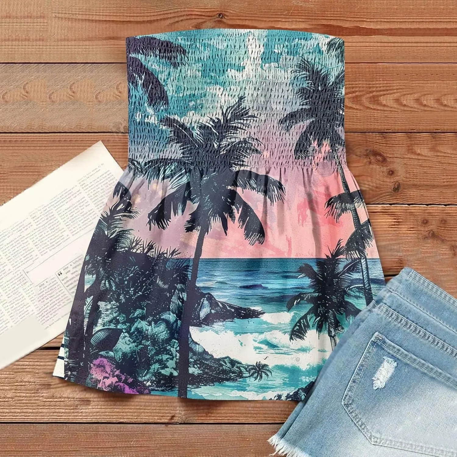 Tube Tops for Women Smocked Strapless Bandeau Tank Tops Sleeveless Hawaiian Print Bandeau Tunics Backless Shirt