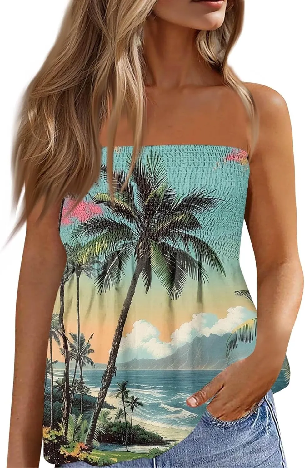 Tube Tops for Women Smocked Strapless Bandeau Tank Tops Sleeveless Hawaiian Print Bandeau Tunics Backless Shirt