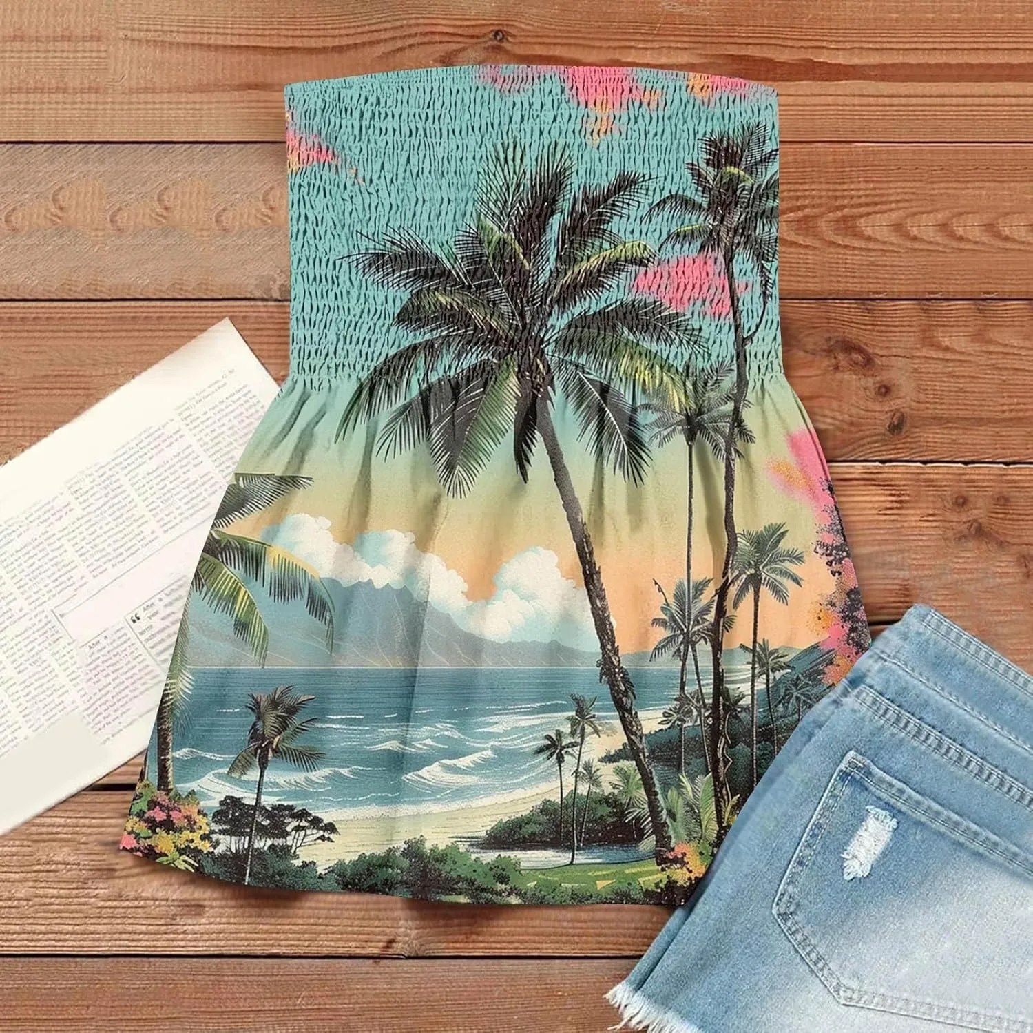Tube Tops for Women Smocked Strapless Bandeau Tank Tops Sleeveless Hawaiian Print Bandeau Tunics Backless Shirt