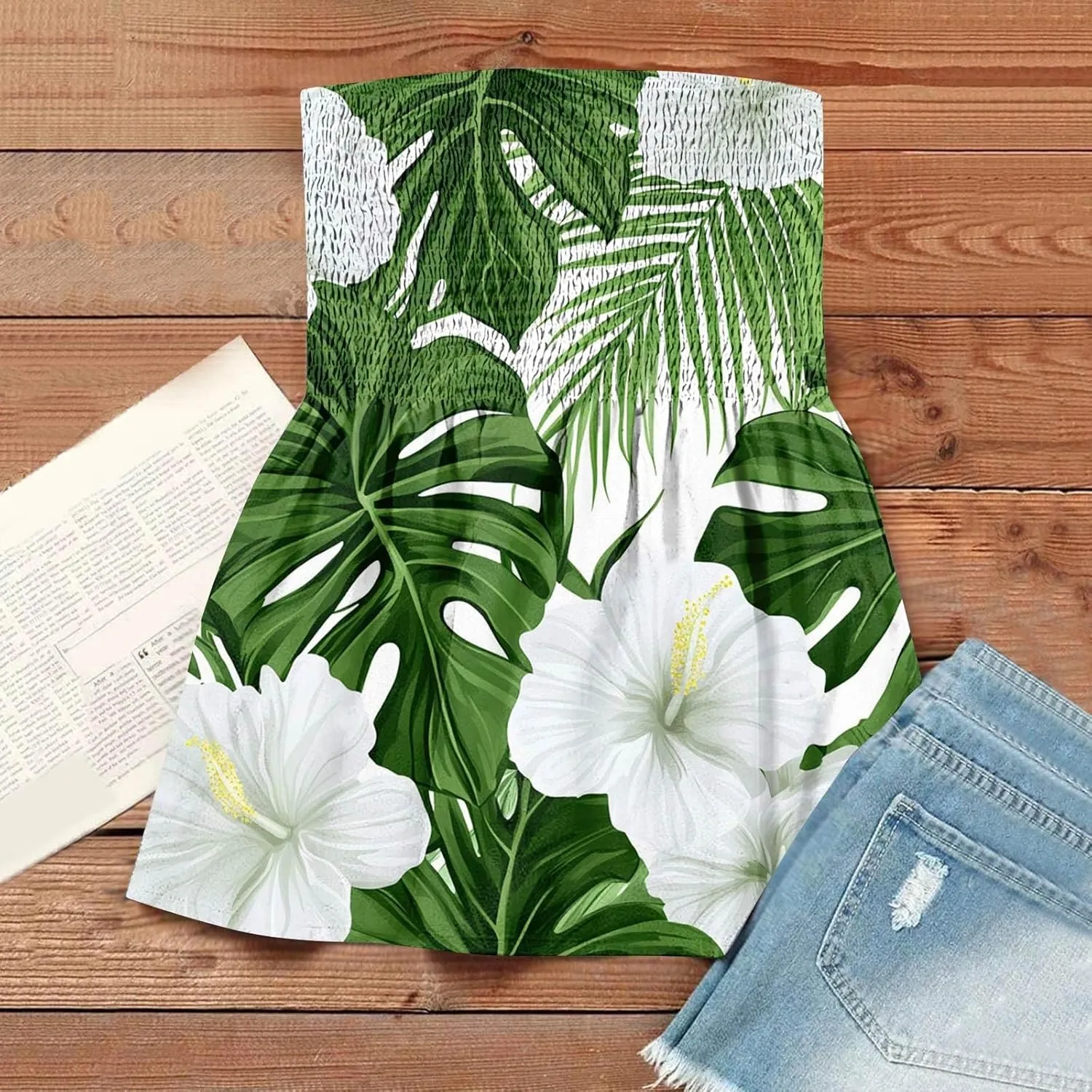 Tube Tops for Women Smocked Strapless Bandeau Tank Tops Sleeveless Hawaiian Print Bandeau Tunics Backless Shirt
