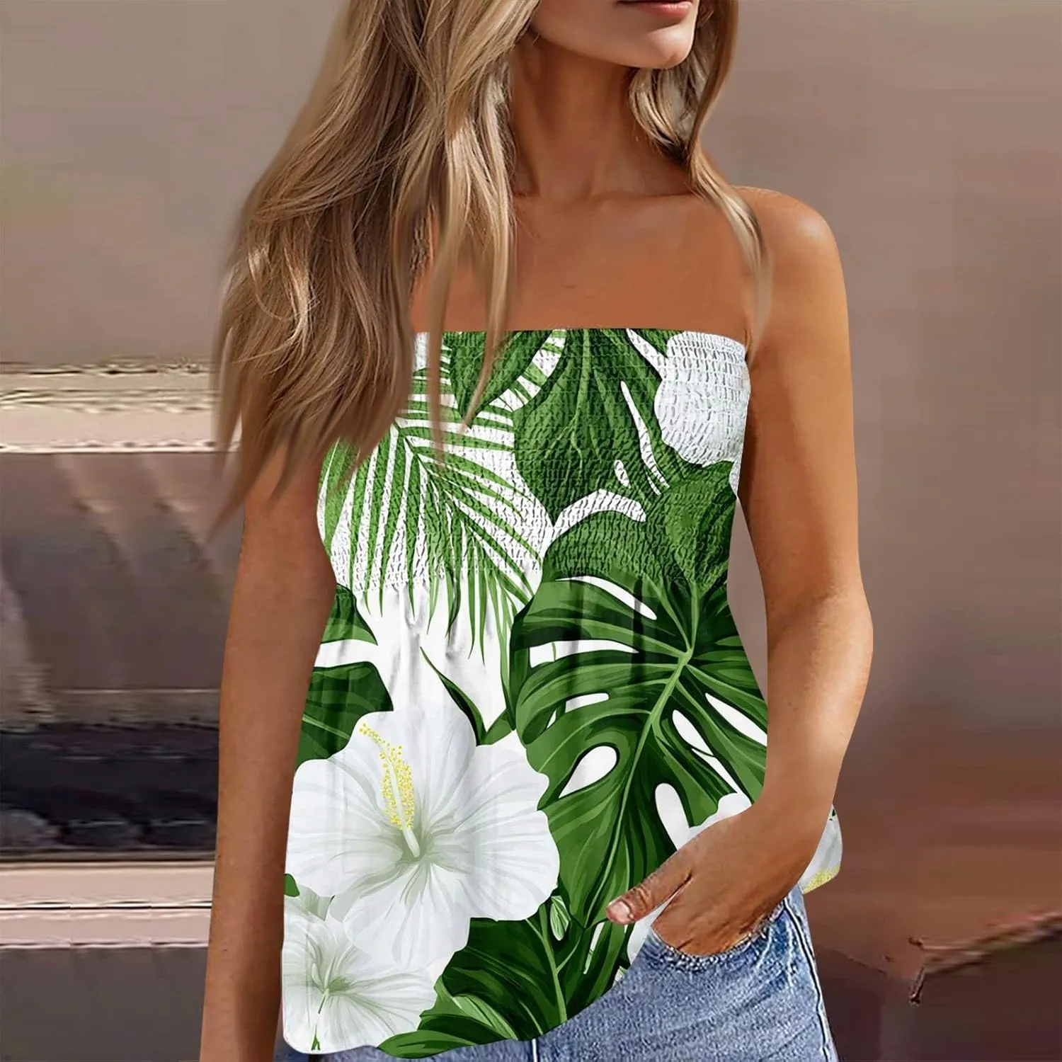 Tube Tops for Women Smocked Strapless Bandeau Tank Tops Sleeveless Hawaiian Print Bandeau Tunics Backless Shirt
