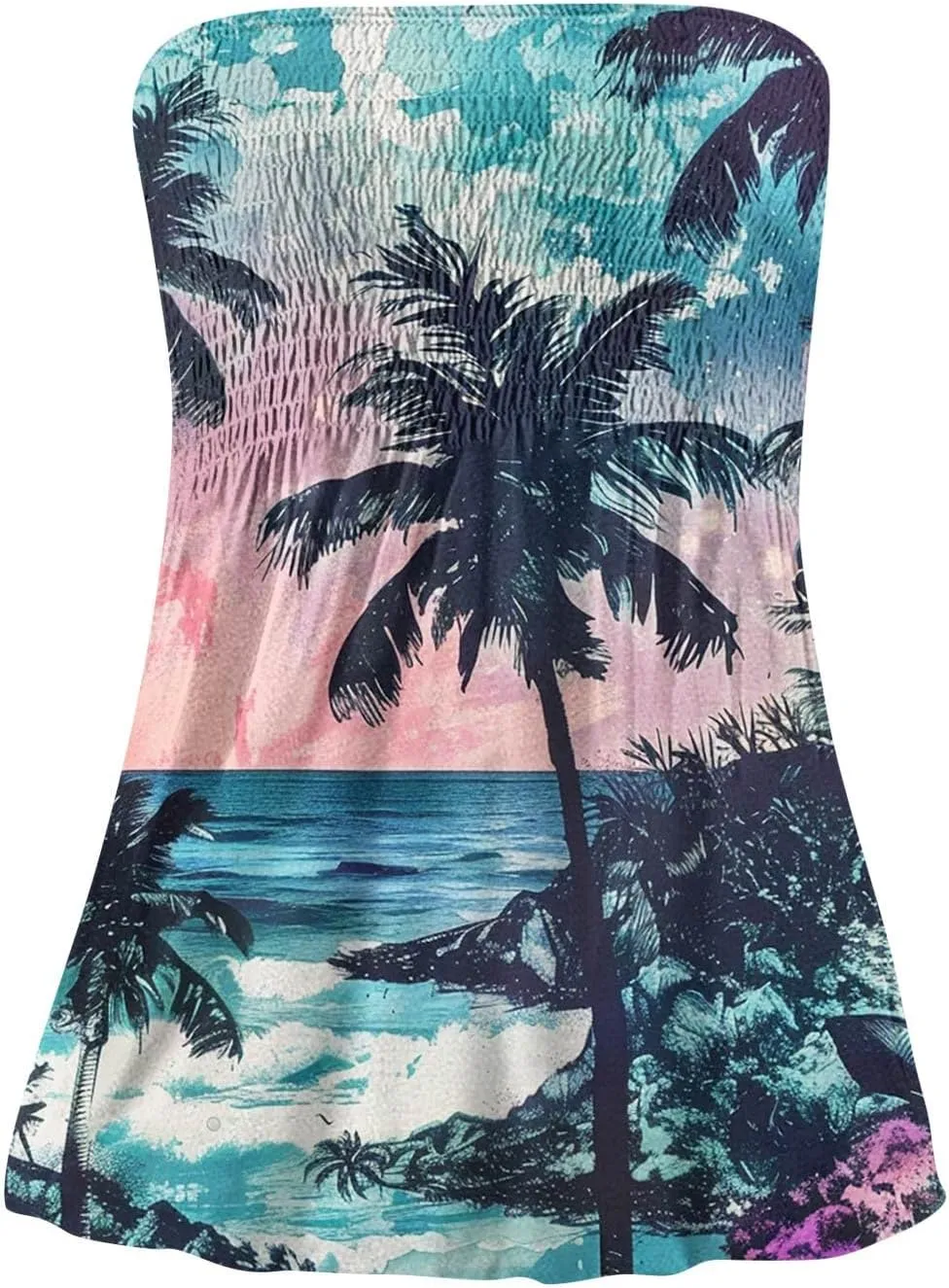 Tube Tops for Women Smocked Strapless Bandeau Tank Tops Sleeveless Hawaiian Print Bandeau Tunics Backless Shirt