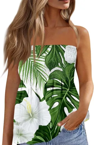 Tube Tops for Women Smocked Strapless Bandeau Tank Tops Sleeveless Hawaiian Print Bandeau Tunics Backless Shirt
