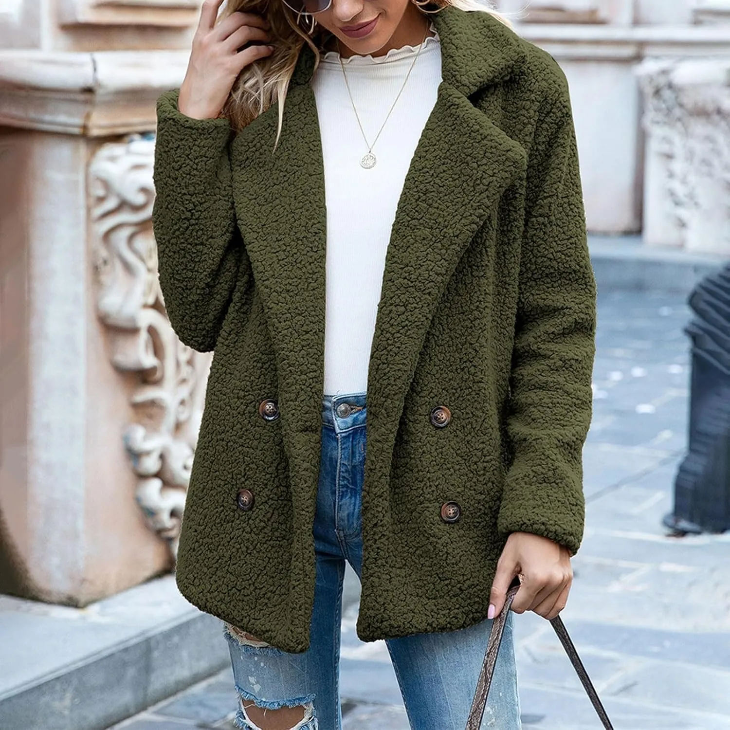 Winter Coats for Women Lapel Neck Button Sherpa Fleece Jacket Long Sleeve Teddy Faux Fur Coat with Pockets