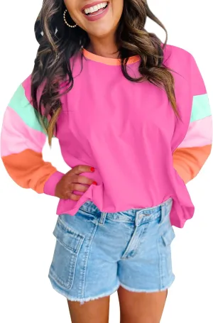 Women Oversized Color Block T-Shirt Casual Loose Crewneck Short Sleeve Drop Shoulder Patchwork Shirt Summer Tee Top