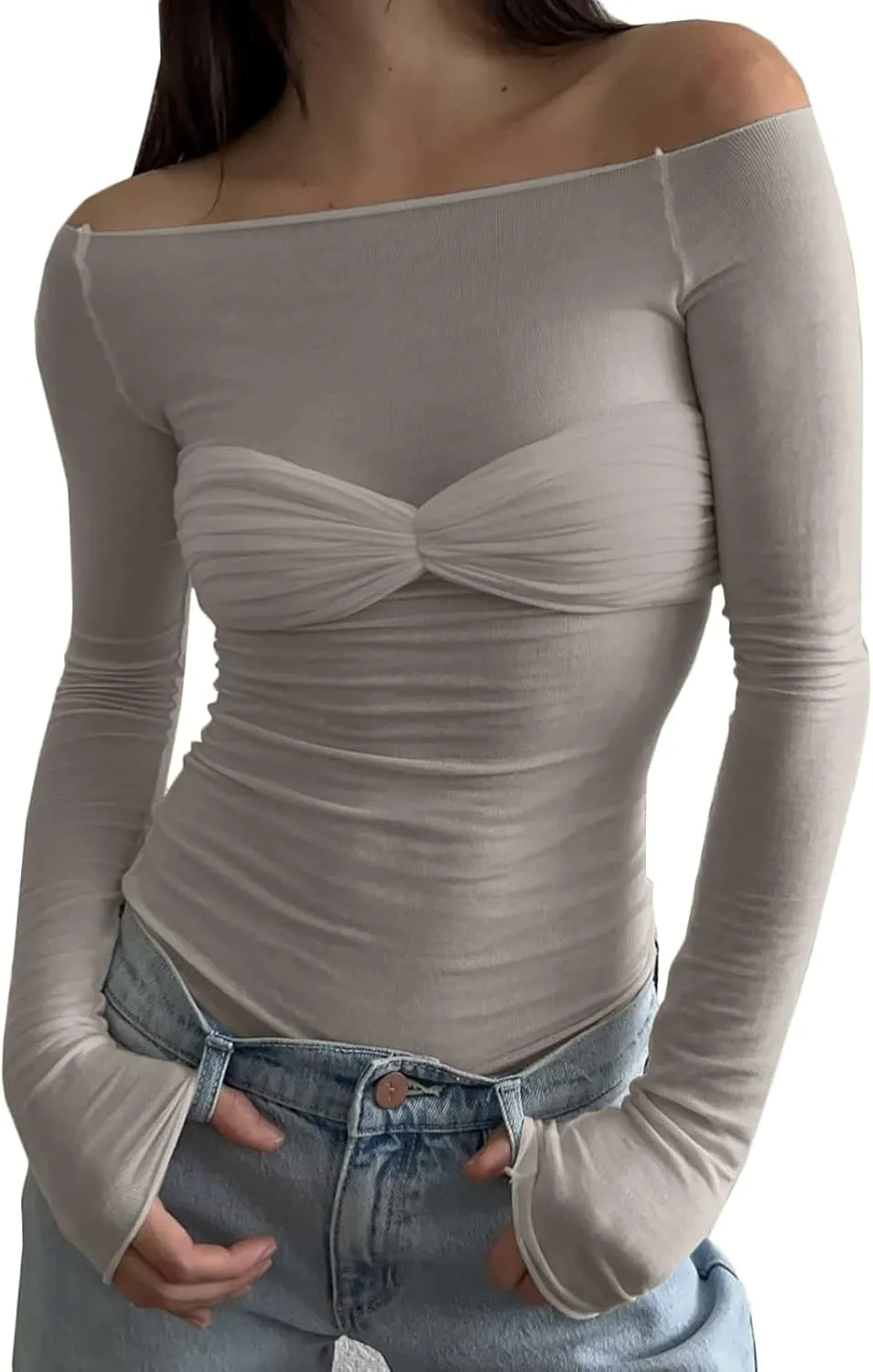 Women's Sexy Crop Top Long Sleeve Off Shoulder Going Out Tops Slim Fit Mesh Ruched Twisted Blouse Y2K T Shirt