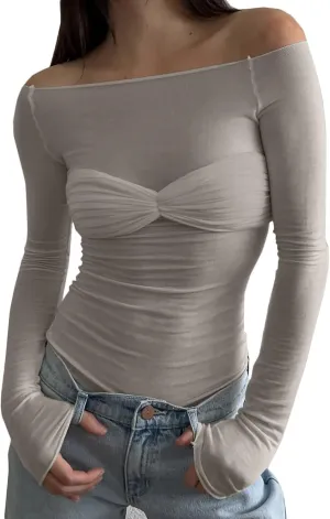 Women's Sexy Crop Top Long Sleeve Off Shoulder Going Out Tops Slim Fit Mesh Ruched Twisted Blouse Y2K T Shirt