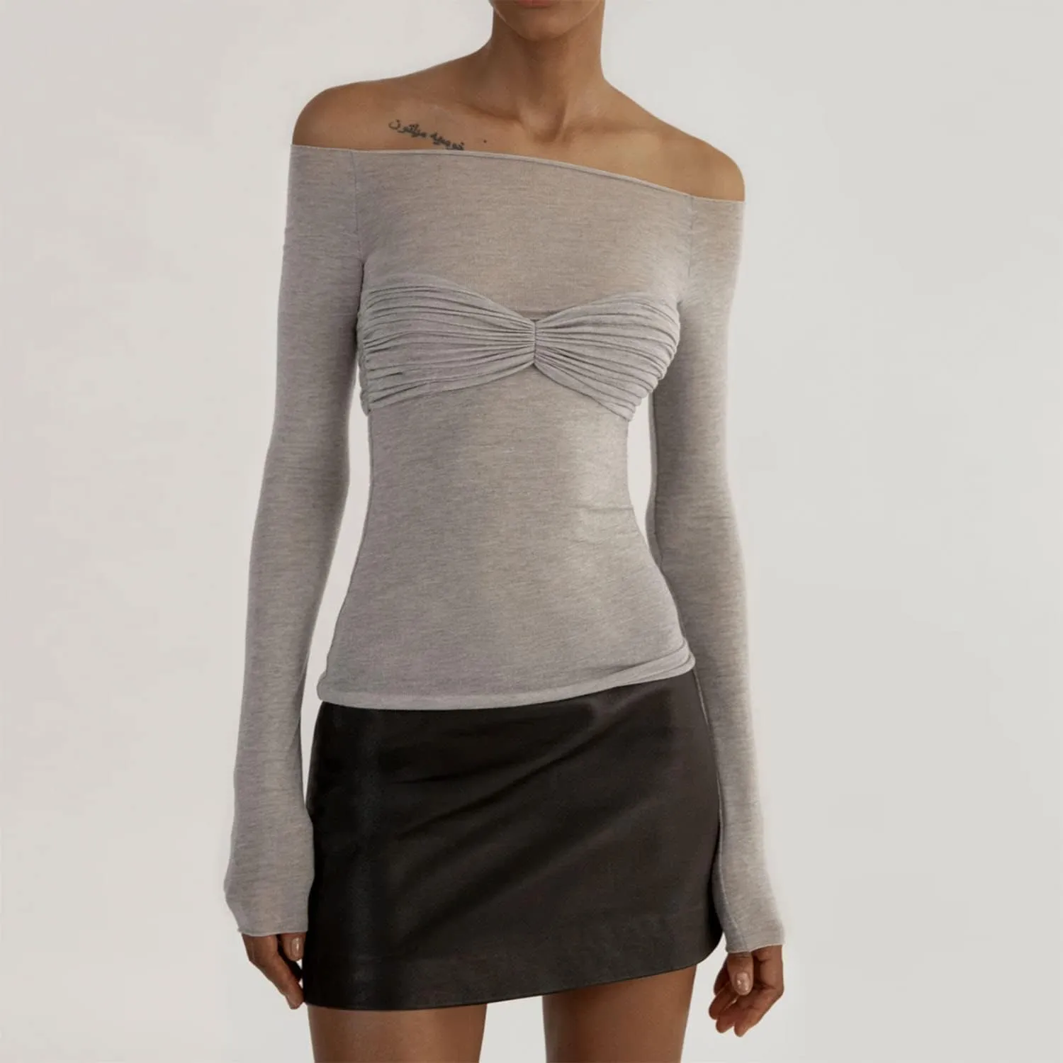 Women's Sexy Crop Top Long Sleeve Off Shoulder Going Out Tops Slim Fit Mesh Ruched Twisted Blouse Y2K T Shirt