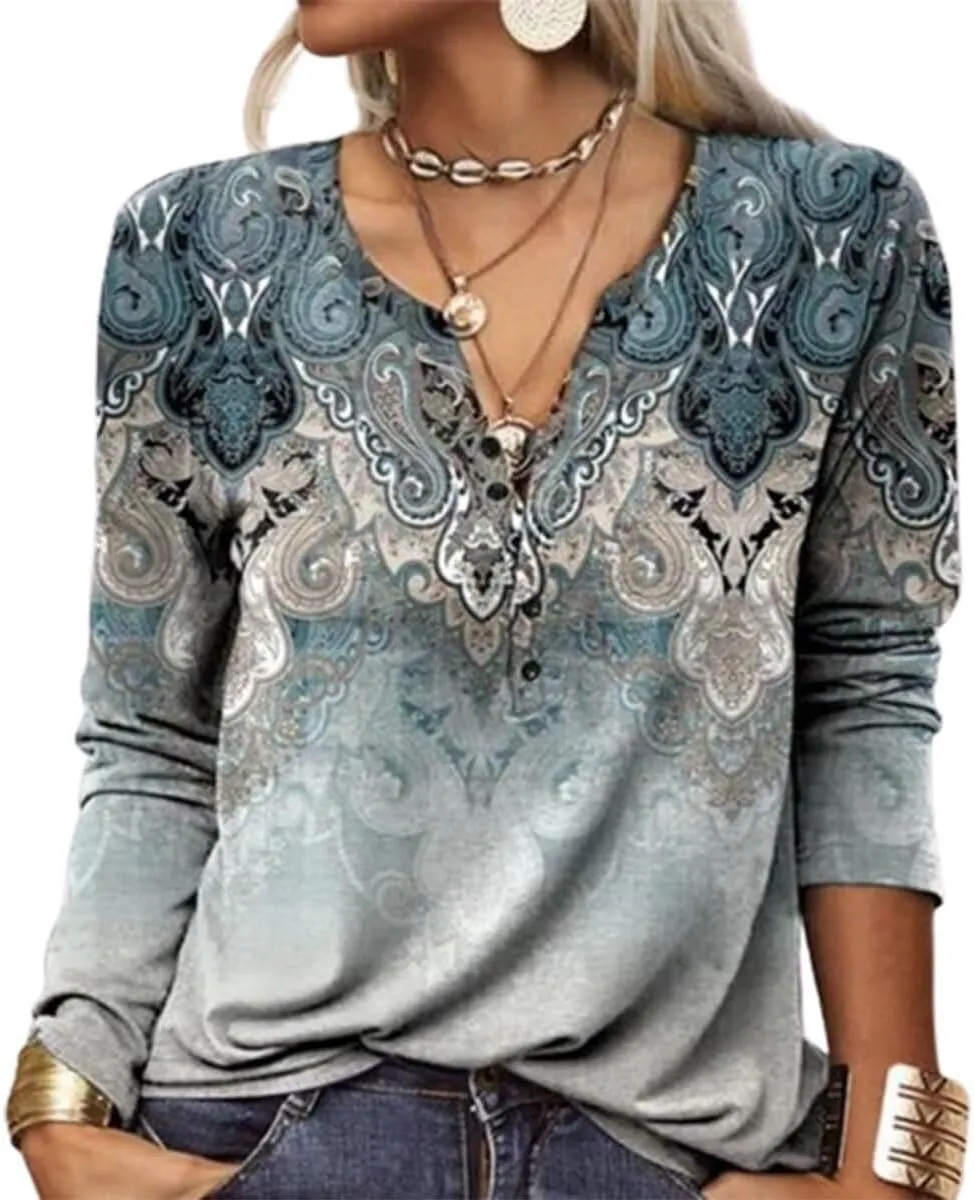 Womens Tops Dressy Casual Button Up Shirt Boho Floral Print Blouse 2025 Summer Clothes V-Neck Long Sleeve Shirts