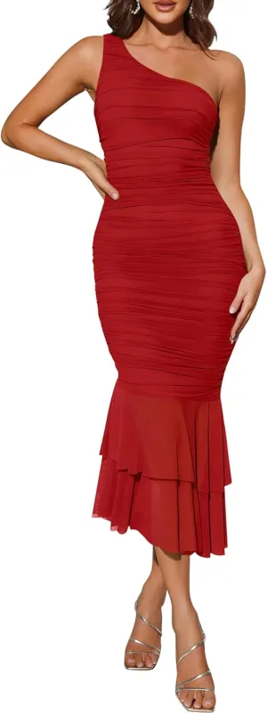 ZESICA Women's One Shoulder Summer Dress Sleeveless Mesh Ruched Bodycon Sexy Formal Cocktail Midi Dresses